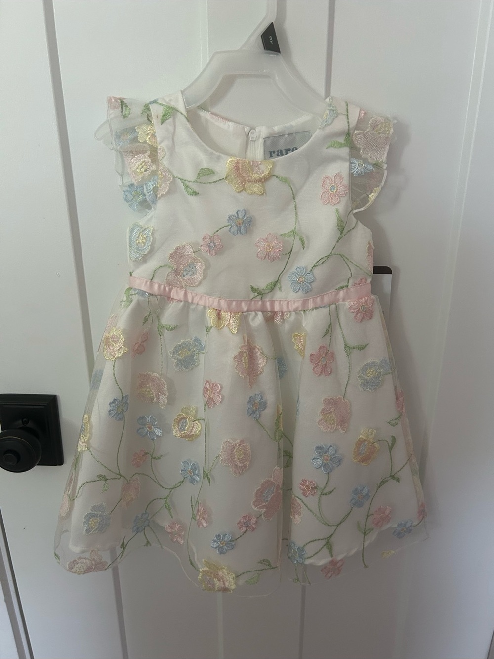Rare Editions Cream Dress with Pastel Floral Embroidery and Pink Waist